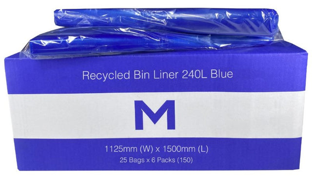 Blue recycled bin liners, 240L, 1125mm x 1500mm, 30mu; strong and eco-friendly, ideal for waste management, box of 150.