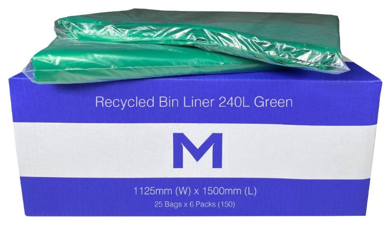 Green 240L recycled bin liners (1125mm x 1500mm) in a box of 150, durable and eco-friendly, perfect for waste management.
