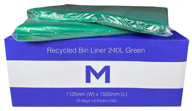 Green 240L recycled bin liners (1125mm x 1500mm) in a box of 150, durable and eco-friendly, perfect for waste management.