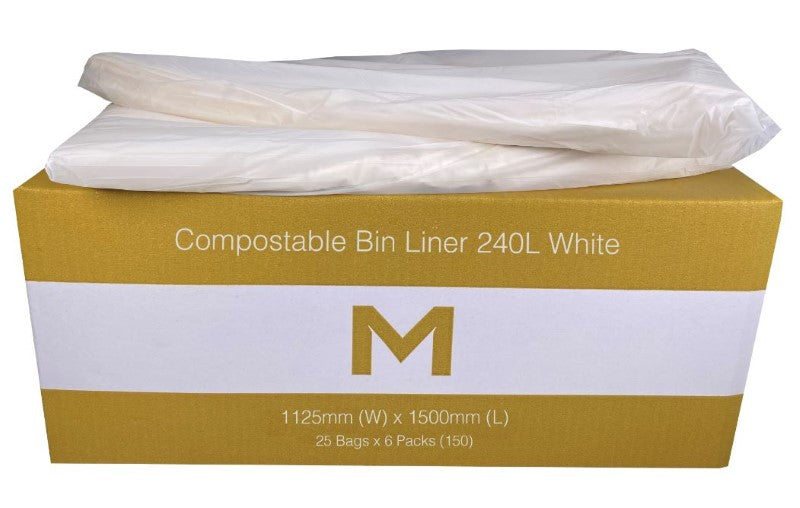 Eco-friendly FP Compostable Bin Liner 240L, 1125mm x 1500mm, made from plant materials, box of 150 for sustainable waste disposal.