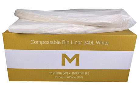 Eco-friendly FP Compostable Bin Liner 240L, 1125mm x 1500mm, made from plant materials, box of 150 for sustainable waste disposal.