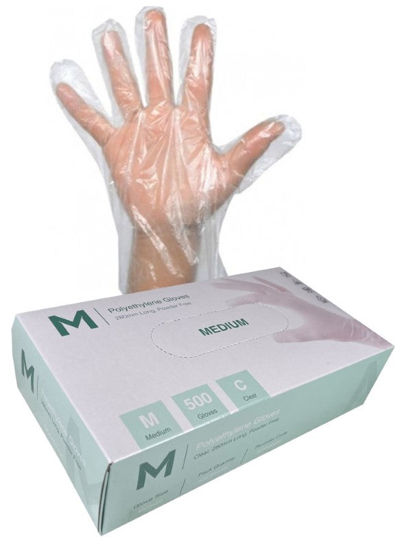 Clear polyethylene gloves, ambidextrous design, 240mm cuff, lightweight and disposable; ideal for food service and low-risk tasks.