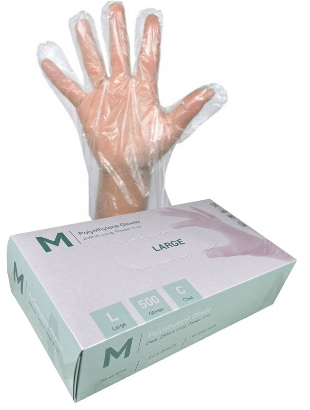 Clear polyethylene gloves in a box of 5000; lightweight, ambidextrous, 240mm cuff, ideal for food service and general use.