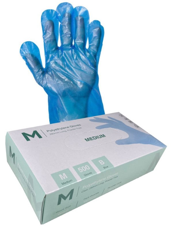 Blue polyethylene gloves in a box of 5000, lightweight, ambidextrous, ideal for food prep and light handling tasks.