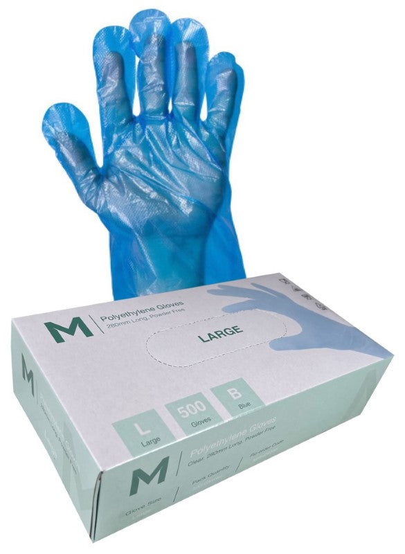 Blue polyethylene gloves with 240mm cuff, ambidextrous fit, ideal for food service and light handling tasks, box of 5000.