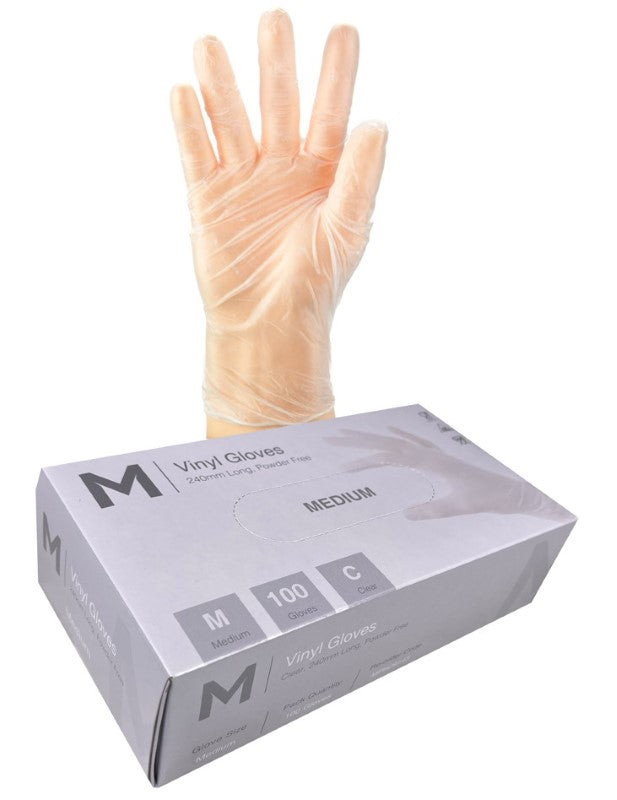 Clear powder-free vinyl gloves, medium size, 240mm cuff, suitable for food handling, medical use, and latex-free protection.