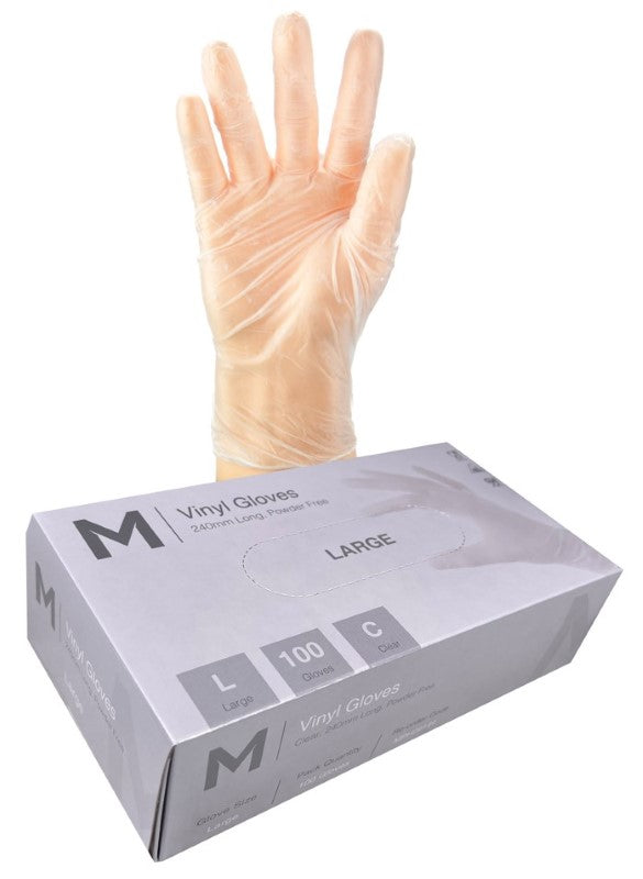 Clear powder-free vinyl gloves, size large, 240mm cuff, lightweight 5.0g, ideal for food handling and healthcare. Box of 1000.
