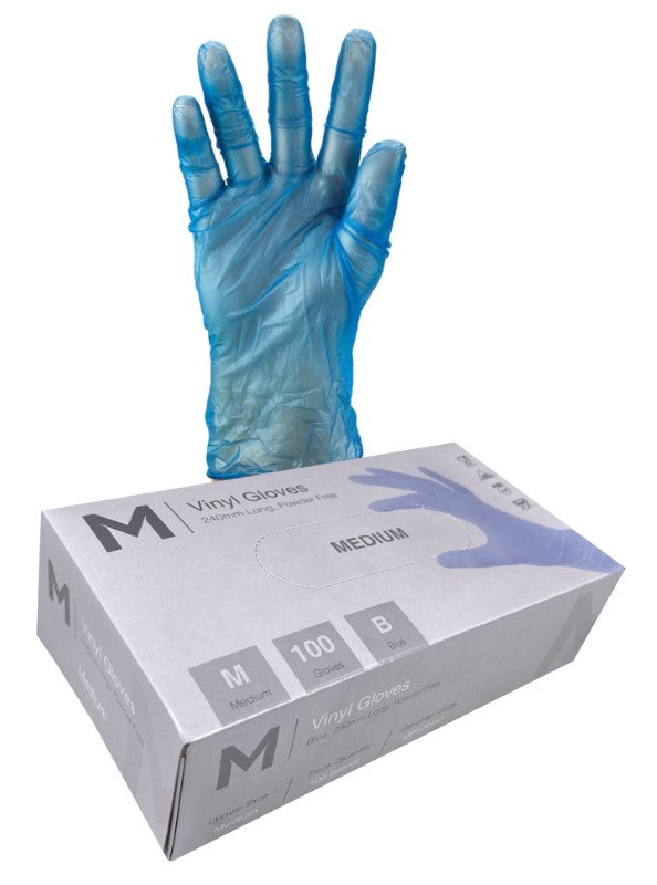 Blue powder-free vinyl gloves in a box of 1000, offering a 240mm cuff for extra protection and ideal for food handling.