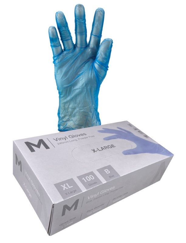 Blue powder-free vinyl gloves, XL size with 240mm cuff, ideal for food handling and non-hazardous tasks, 1000 count box.