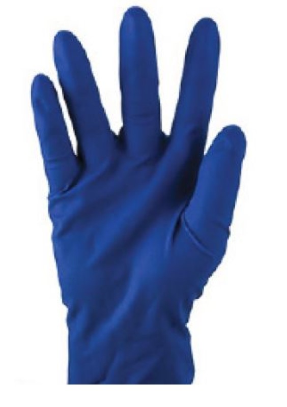 High-risk powder-free cobalt blue latex examination gloves, 300mm, box of 500, offering superior protection and comfort.