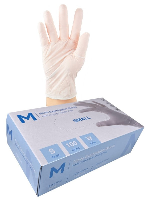 White powder-free nitrile examination gloves, size S, box of 1000, offering durability and tactile sensitivity for professional use.