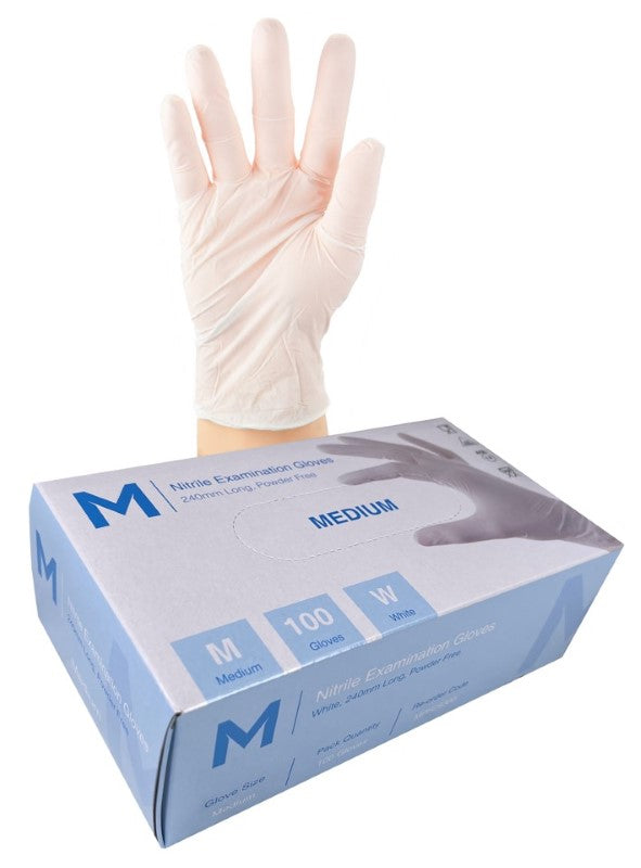 White powder-free nitrile examination gloves, size M, offer superior protection and comfort for various professional applications.