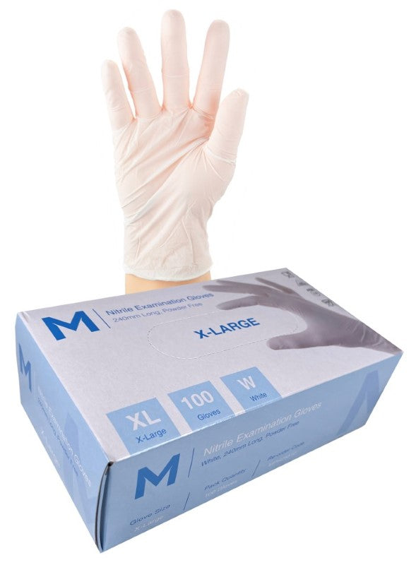 White powder-free nitrile examination gloves, XL size, box of 1000; ideal for labs, medical use, and sensitive skin.