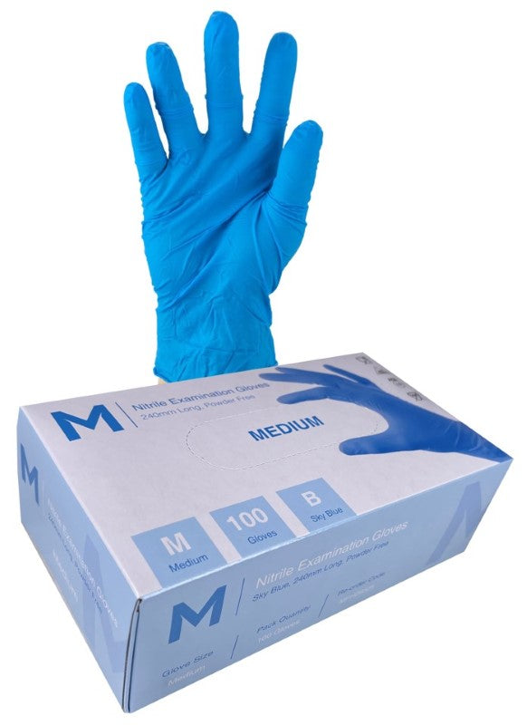 Blue nitrile examination gloves, powder-free, medium size, 240mm cuff, 5.0g, ideal for medical and industrial use. Box of 1000.