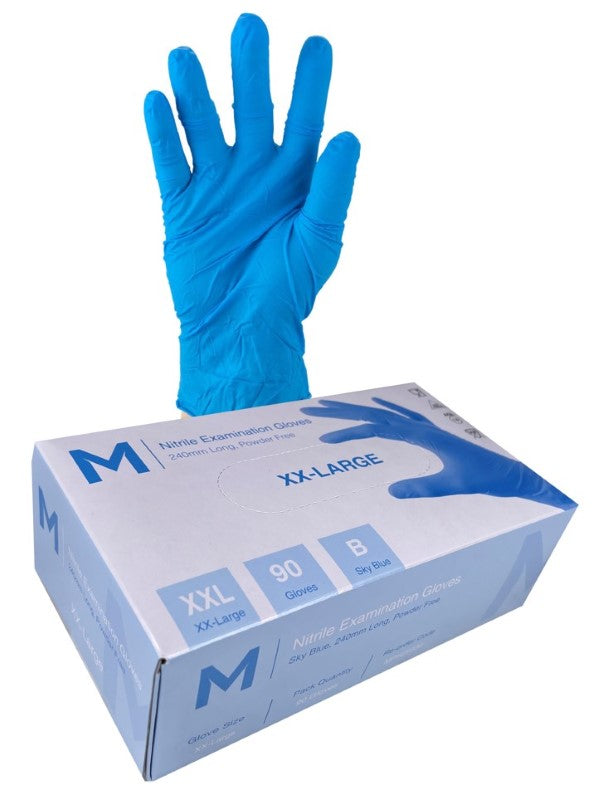Blue powder-free nitrile examination gloves, Size 2XL, box of 900, offering durability and protection in various professional settings.