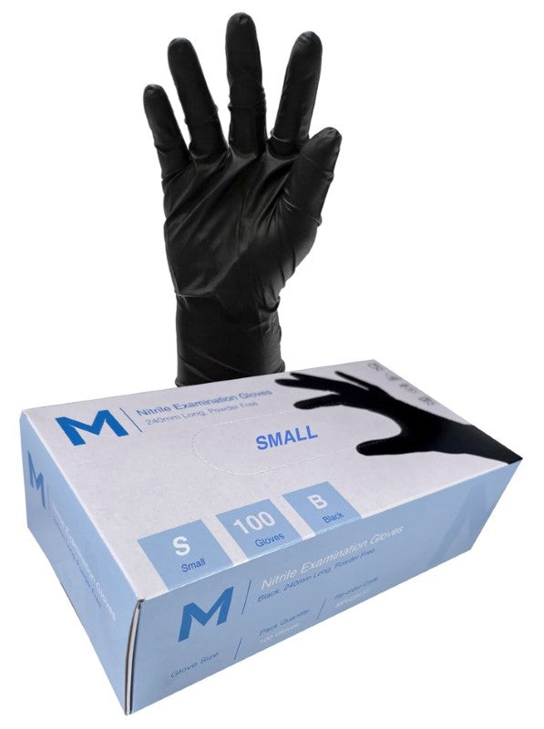 Black powder-free nitrile examination gloves, size S, box of 1000, offering snag resistance and puncture protection for various applications.