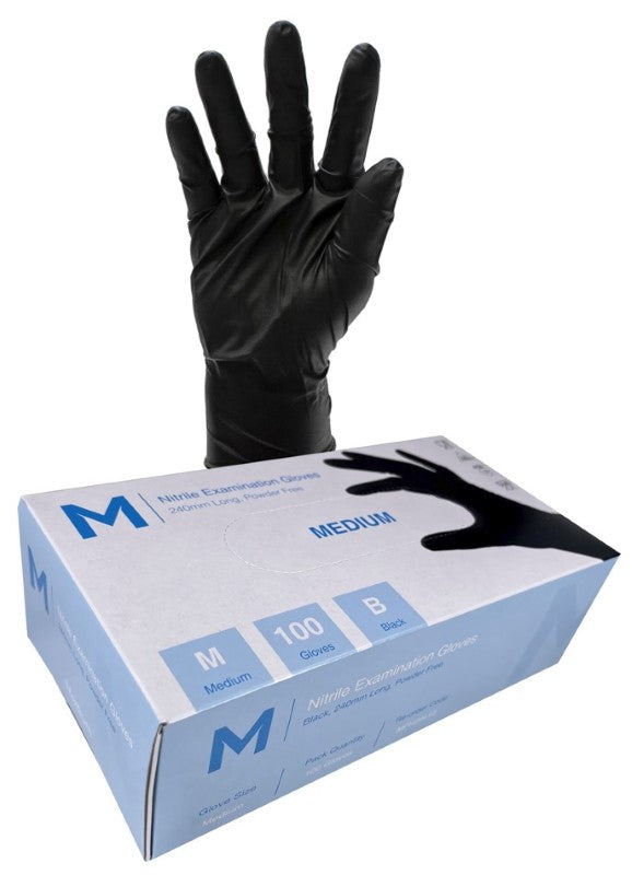 Black nitrile examination gloves, powder-free, medium size, 240mm cuff, ideal for medical and industrial applications.