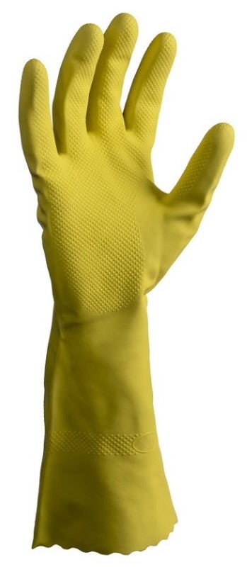 Premium yellow latex gloves in 2XL with anti-slip grip, ideal for food handling and cleaning tasks (box of 192).