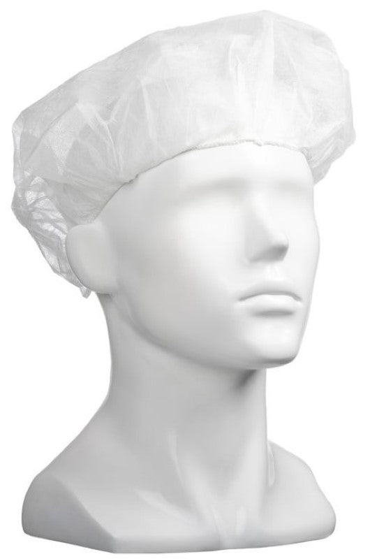 Blue polypropylene bouffant hats, 610mm wide, designed for larger hairstyles, perfect for hygiene in food, medical, and beauty industries.