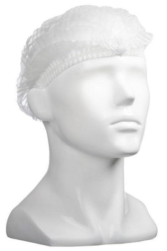 White polypropylene crimp hats, 530mm wide, disposable, elasticized fit for hygiene in salons, kitchens, and medical facilities. Box of 1000.