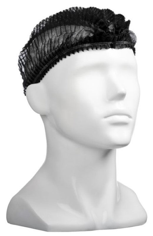 Black polypropylene crimp hats, 530mm wide, lightweight and elasticized for hygiene, ideal for medical and food settings. Box of 1000.