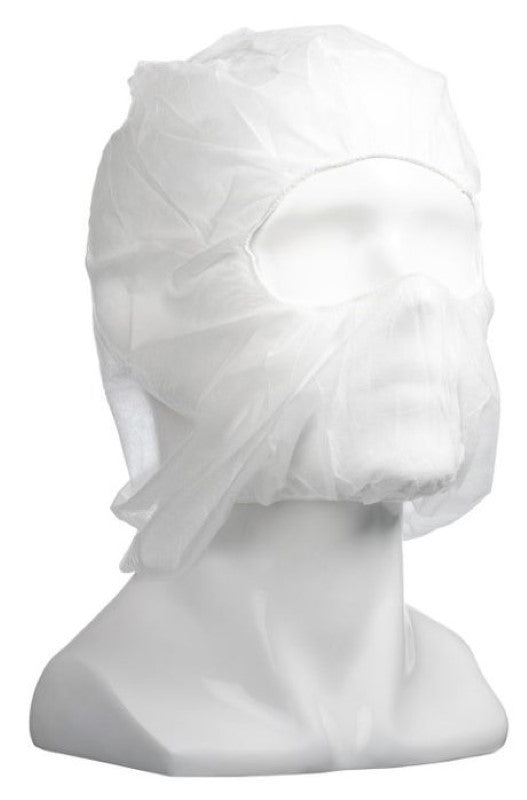 White polypropylene full face balaclavas, elasticated and lightweight, offering full facial coverage for comfort and hygiene.