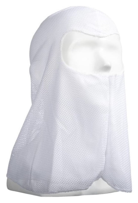 White polycotton full face balaclavas, 390mm, reusable and washable, ideal for safety in various industrial settings.