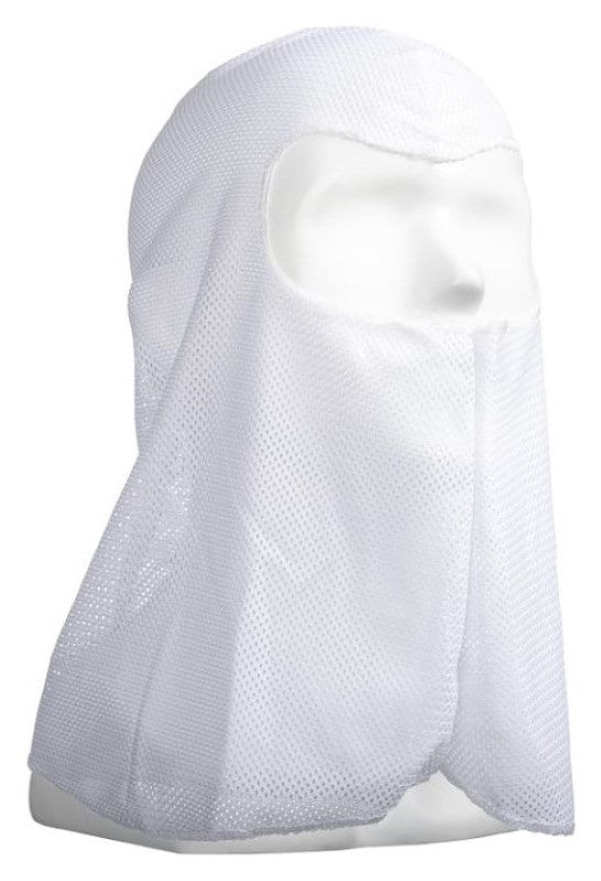 White polycotton full face balaclavas, 390mm, reusable and washable, ideal for safety in various industrial settings.