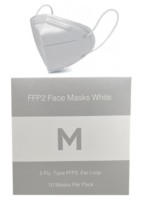 FFP2 protective face masks in white, 5-ply design with ear loops, filtering 94% of airborne particles, pack of 10.