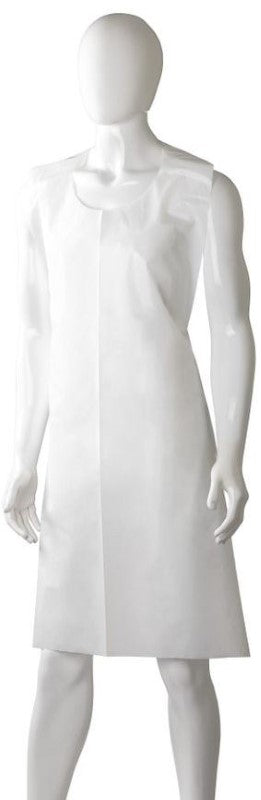 Disposable white polyethylene back tie aprons, 800mm x 1250mm, providing protection against spills; box of 500.