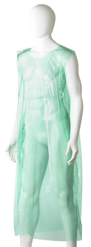 Green polyethylene sleeveless aprons, 800mm x 1400mm, 30mu thick, offering full torso protection in a box of 250 for hygienic use.