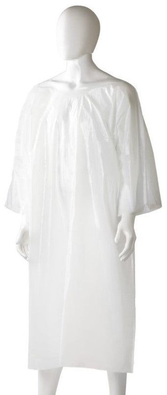 Disposable white polyethylene splash jackets, 800mm x 1300mm, providing full protection against spills, suitable for various industries.