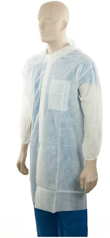 White polypropylene laboratory coat, small size, 45gsm, designed for liquid protection with elastic cuffs and dome buttons. Pack of 25.