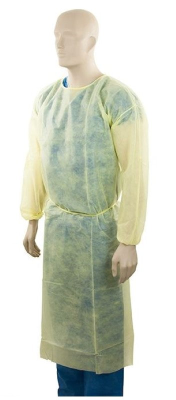 Yellow polypropylene isolation gown, 1200mm x 1400mm, 40gsm, elastic cuffs, tie waist, Velcro neck, 30-pack, for medical use.