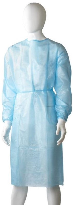 Blue polypropylene coated isolation gown, liquid-proof, adjustable Velcro neck, full back, knitted cuffs, pack of 40.