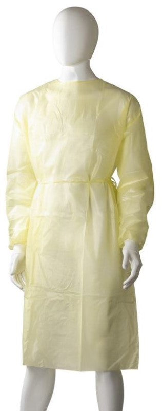Bright yellow liquid-proof isolation gown, 1200mm x 1400mm, featuring Velcro neck closure and knitted cuffs for medical use.