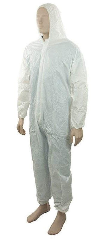 Microporous white coverall, XL, 55gsm, offers waterproof protection and breathability for tasks like painting and chemical handling.