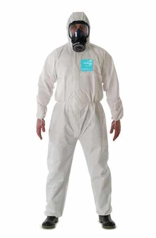 Breathable white SMS coveralls, 2XL, 50gsm; Type 5/6 protection, elasticated fit, ideal for various industrial applications.
