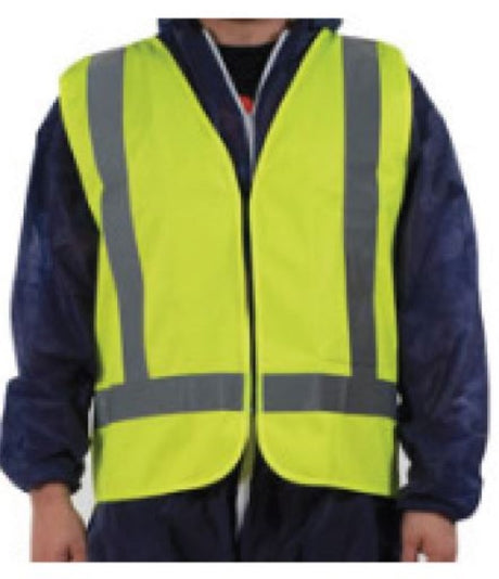 Bright yellow safety vests with reflective tape, zip front, and longer tail for visibility; pack of 20 for workplace safety.