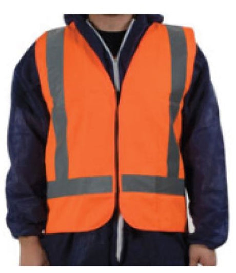 Hi visibility orange safety vest in 4XL, made of 120g polyester with reflective tape, zip front, and longtail for comfort.