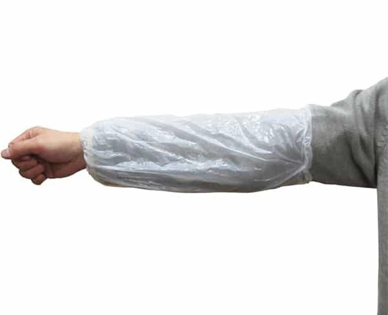 White polyethylene sleeve covers, 200mm x 400mm, durable waterproof barrier for arm protection, box of 1600 for bulk use.