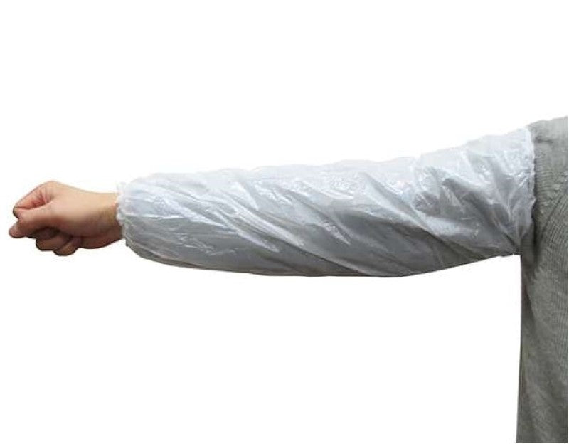 White polyethylene extra long sleeve covers, 200mm x 600mm, providing waterproof protection for various industries. Box of 1100.