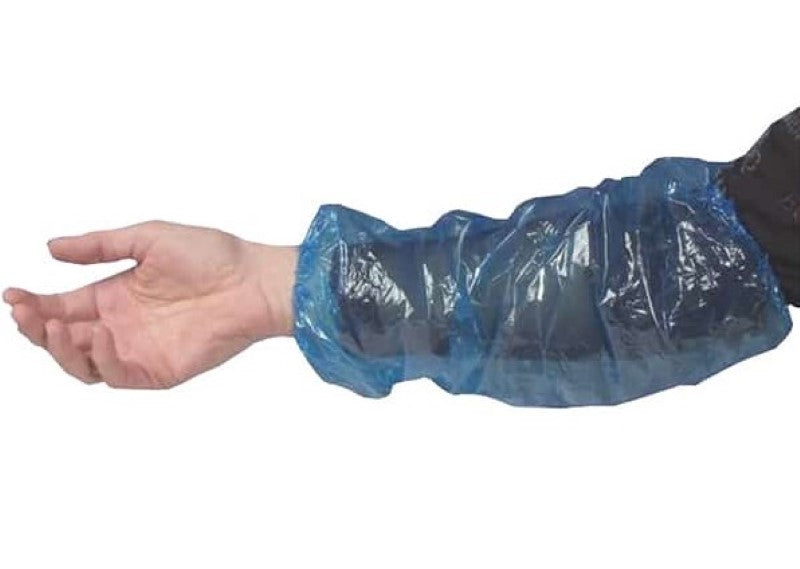 Blue polyethylene sleeve covers, 200mm x 400mm, waterproof, durable, box of 1600, ideal for medical, farming, and food processing.