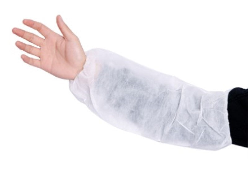 White polypropylene sleeve covers, 200mm x 400mm, lightweight 25gsm, for full wrist-to-elbow protection in hygienic environments.