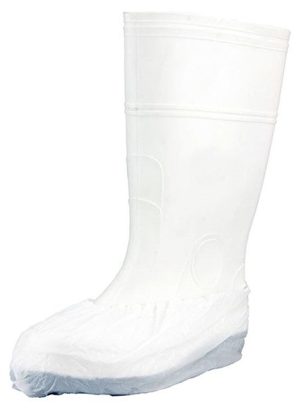 White polyethylene shoe covers in a box of 1600, designed for contamination prevention with elasticated bands for easy wear.