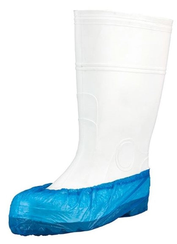 Blue polyethylene shoe covers, 200mm x 400mm, 3.5g each in a box of 1600, ideal for maintaining hygiene and cleanliness.
