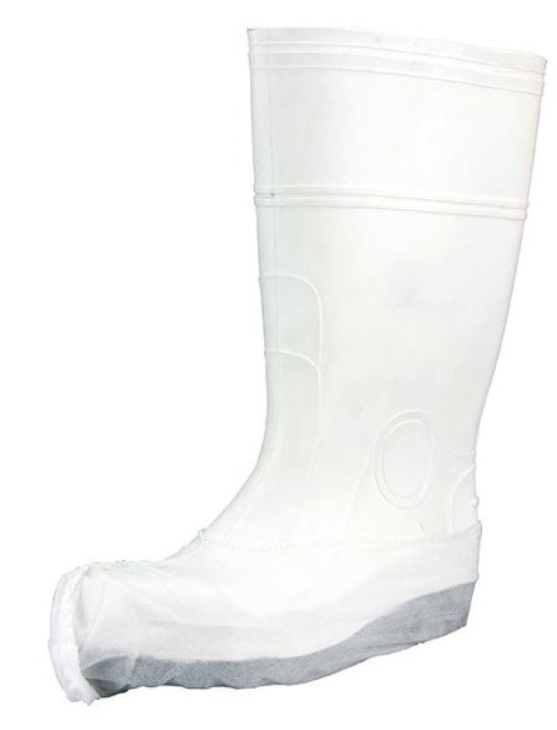 White polypropylene shoe covers in a box of 600, 200mm x 400mm, ideal for contamination control in medical and food environments.