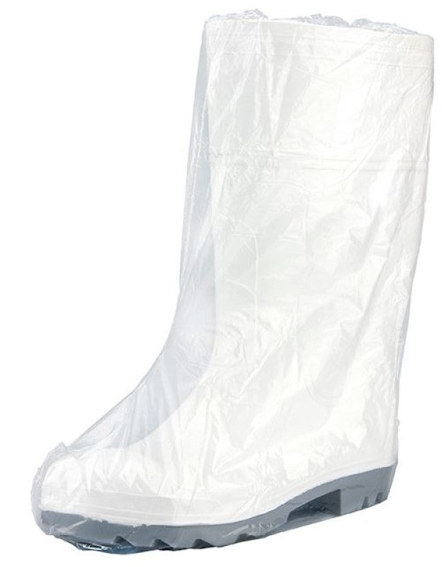 Clear polyethylene boot covers, 510mm x 70mu, providing contamination protection with secure elasticized fit; 250 per box.