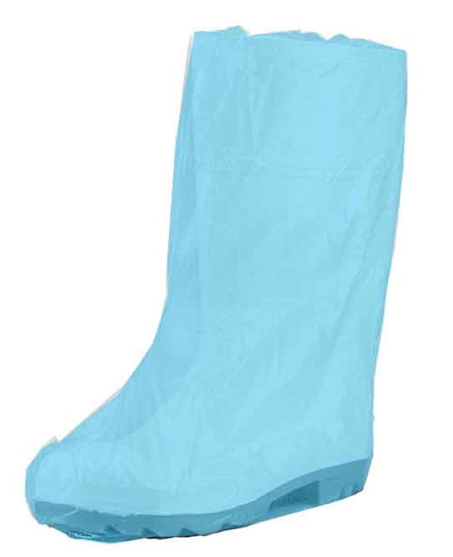 Blue polyethylene boot covers, 510mm x 70mu, providing contamination barrier in healthcare and food processing settings. Box of 250.