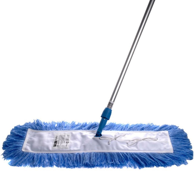 Blue dust control mop with robust metal frame, swivel head, and replaceable fringe pad, 910mm wide for efficient cleaning.